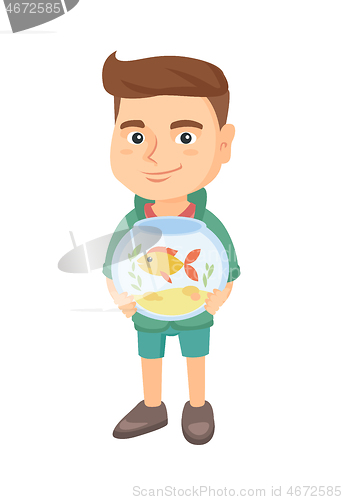 Image of Caucasian boy holding aquarium with goldfish.