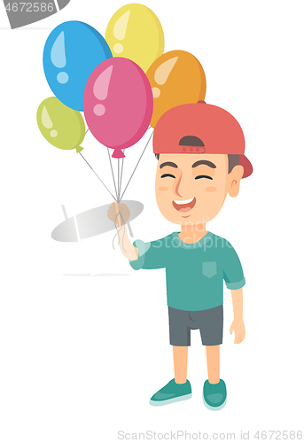Image of Caucasian boy with the bunch of colorful balloons.