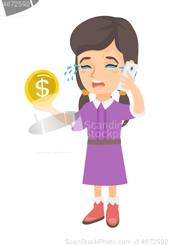 Image of Little business woman crying and talking on phone.