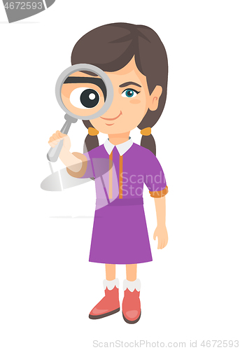 Image of Caucasian girl looking through a magnifying glass.