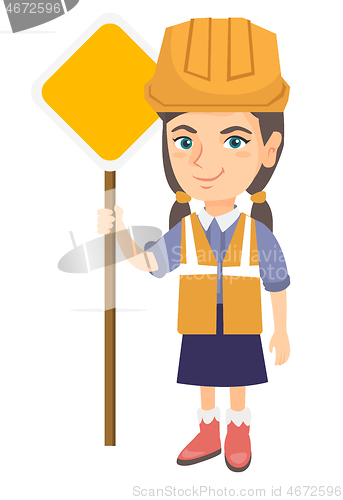 Image of Little caucasian builder girl holding road sign.