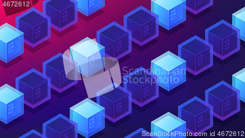 Image of Isometric blockchain mining proof of work landing page concept.