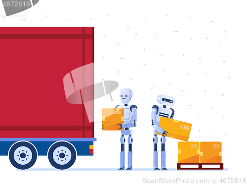 Image of Warehouse robot workers loading truck with boxes.