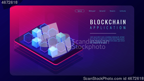 Image of Isometric blockchain application landing page concept.