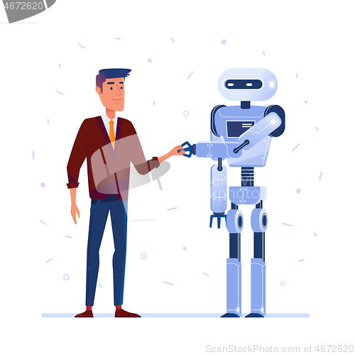 Image of Robot and human shaking hands.