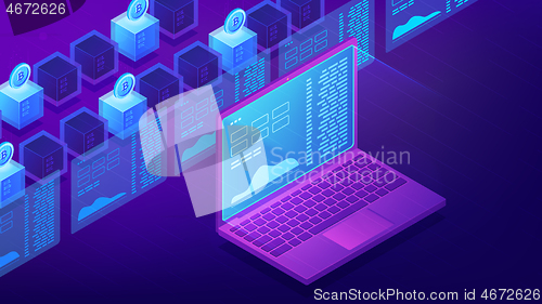 Image of Isometric cryptocurrency trading landing page concept.