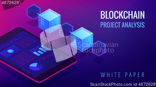 Image of Isometric blockchain project analysis concept.