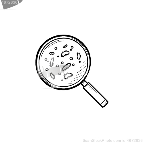 Image of Bacteria under magnifying glass hand drawn outline doodle icon.