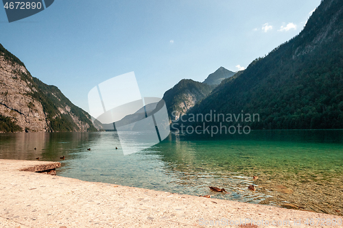 Image of Stunning deep green waters of Konigssee, known as Germany deepest and cleanest lake