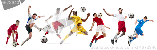 Image of Professional men - football soccer players with ball isolated white studio background