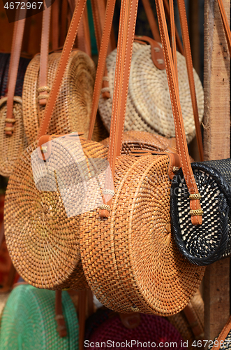 Image of Balinese handmade rattan eco bags in a local souvenir market