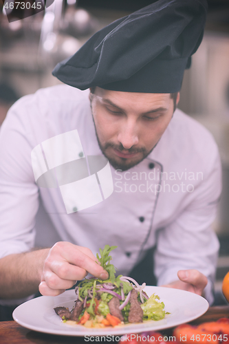 Image of cook chef decorating garnishing prepared meal