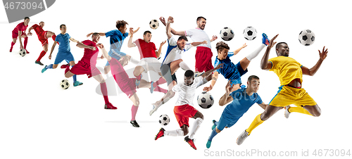 Image of Professional men - football soccer players with ball isolated white studio background