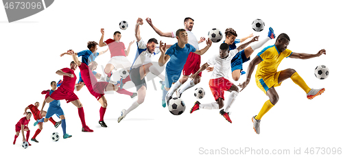 Image of Professional men - football soccer players with ball isolated white studio background
