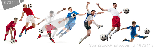 Image of Professional men - football soccer players with ball isolated white studio background