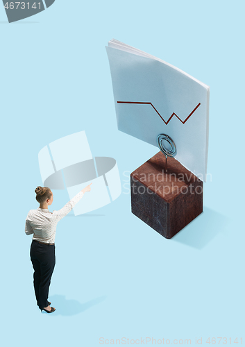 Image of Businesswoman standing near graphic stair, start up business concepts.