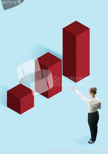 Image of Businesswoman standing near graphic stair, start up business concepts.