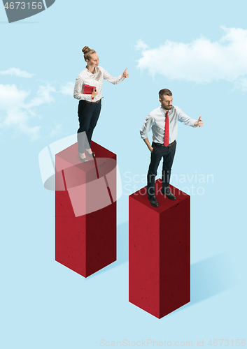 Image of Businessman and businesswoman standing on graphic stair, start up business concepts.