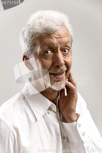 Image of The happy senior business man standing and smiling against gray background.