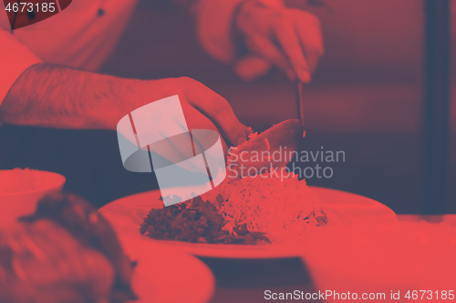 Image of Chef hands serving vegetable risotto