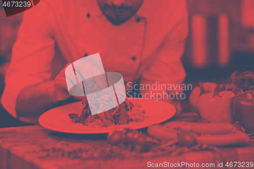 Image of cook chef decorating garnishing prepared meal