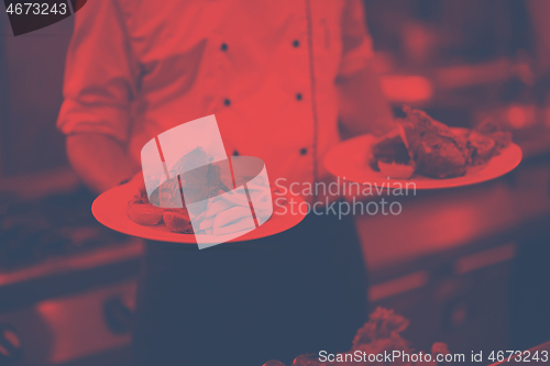 Image of Chef showing dishes of tasty meals