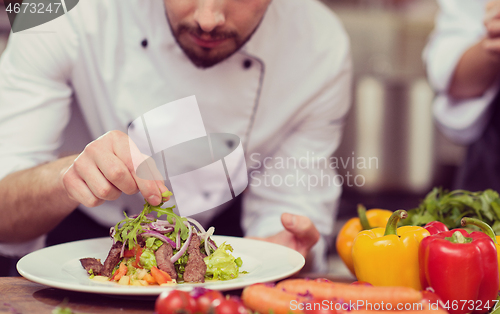 Image of cook chef decorating garnishing prepared meal