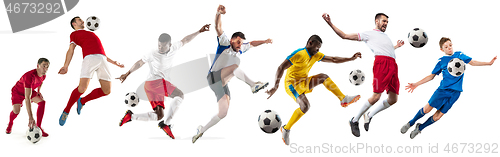 Image of Professional men - football soccer players with ball isolated white studio background