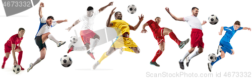 Image of Professional men - football soccer players with ball isolated white studio background