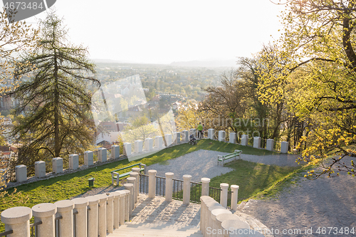 Image of Panoramic view of Ljubljana, capital of Slovenia. Roooftops of Ljubljanas old medieval city center seen from Plenik park near Ljubljana castle