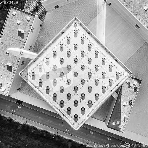 Image of Top aerial view of modern archiecture of islamic religious cultural centre in Ljubljana, Slovenia, Europe. Black and white image