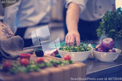 Image of chef hand serving vegetable salad