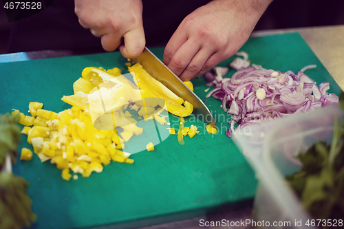 Image of Chef hands cutting fresh and delicious vegetables