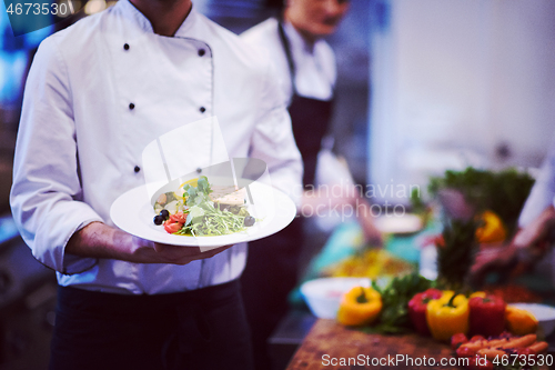 Image of Chef hands holding dish of fried Salmon fish fillet