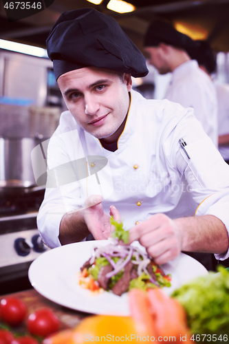 Image of cook chef decorating garnishing prepared meal