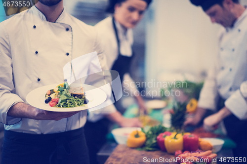 Image of Chef hands holding dish of fried Salmon fish fillet