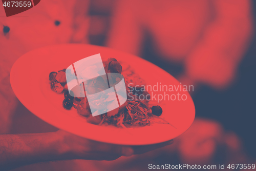 Image of Chef hands holding dish of fried Salmon fish fillet