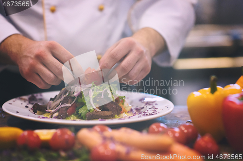 Image of cook chef decorating garnishing prepared meal