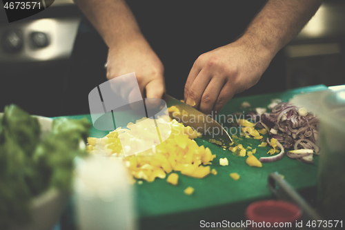 Image of Chef hands cutting fresh and delicious vegetables