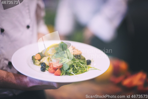 Image of Chef hands holding dish of fried Salmon fish fillet