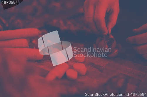 Image of closeup of Chef hands preparing beef steak