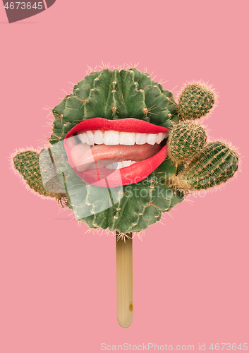 Image of Modern Art Collage. Girl with lips head, cactus background