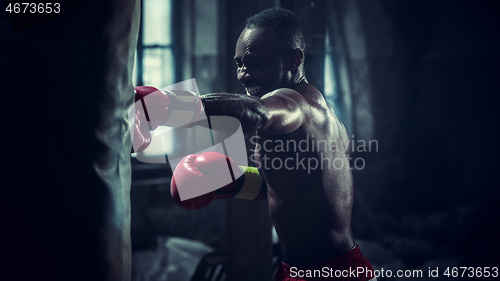 Image of Hand of boxer over black background. Strength, attack and motion concept