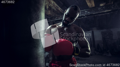 Image of Hand of boxer over black background. Strength, attack and motion concept