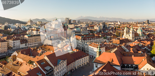 Image of Panoramic view of Ljubljana, capital of Slovenia, at sunset. Empty streets of Slovenian capital during corona virus pandemic social distancing measures in 2020