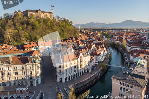 Image of Aerial drone panoramic view of Ljubljana, capital of Slovenia in warm afternoon sun