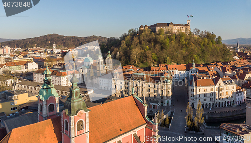 Image of Aerial drone panoramic view of Ljubljana, capital of Slovenia in warm afternoon sun