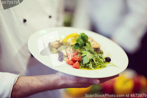 Image of Chef hands holding dish of fried Salmon fish fillet