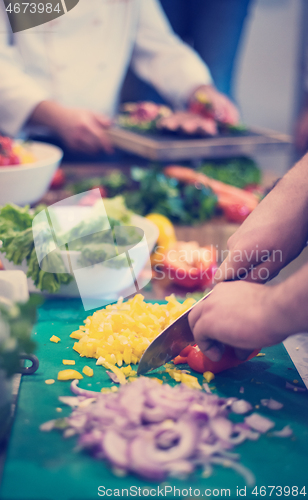 Image of Chef hands cutting fresh and delicious vegetables