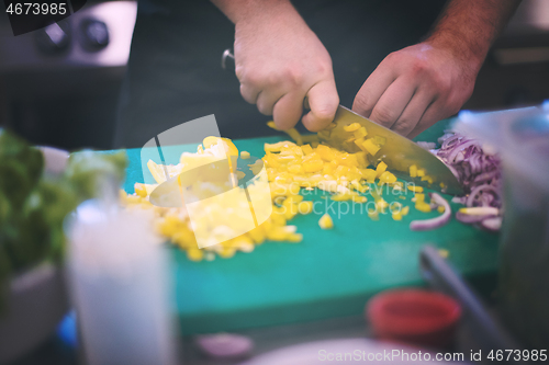 Image of Chef hands cutting fresh and delicious vegetables